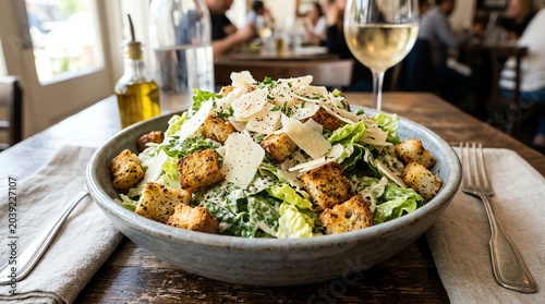Fresh Caesar Salad with Croutons and Parmesan Cheese in a Rustic Bowl.