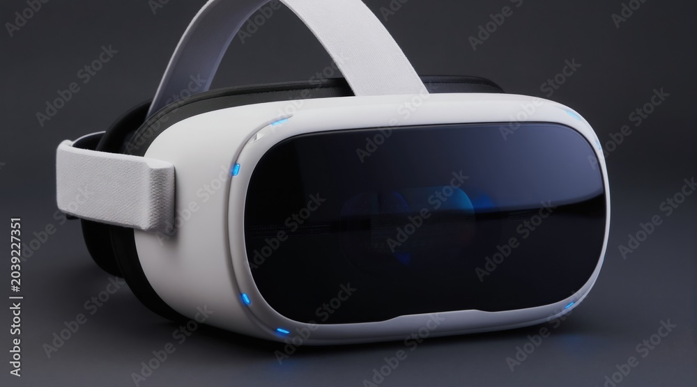 Naklejka premium Modern white virtual reality headset with blue LED lights. This immersive tech gear offers 3D entertainment and gaming experiences. Explore new digital worlds with VR.