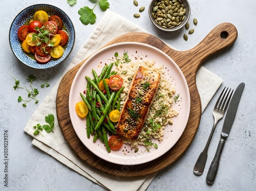 Delicious grilled salmon dinner with fresh vegetables, rice, and healthy seeds, presented from a top-down view