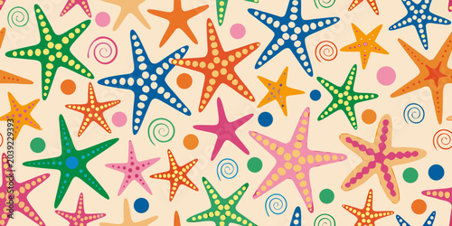 Colorful starfish pattern with playful sea stars and spiral shapes