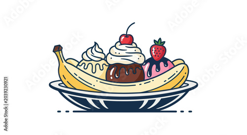 Quadro su tela Banana with ice cream dessert topping.