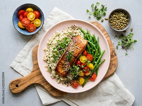 Beautifully presented healthy salmon fillet with quinoa, fresh green beans, and colorful cherry tomatoes