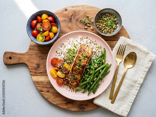 Delicious and Healthy Baked Salmon Dinner with Fresh Green Beans, Heirloom Tomatoes, and Fluffy Rice on a Rustic Wooden Board