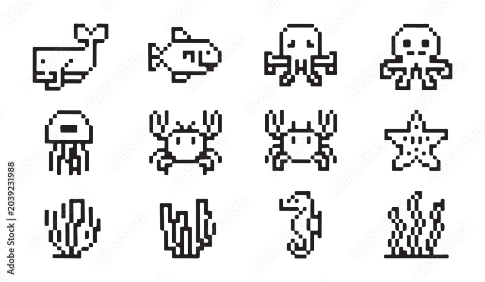 Fototapeta premium Pixel sea creatures line icons set. pixel marine animals and plants vector illustration collection.