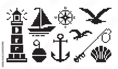 Fotografie Nautical lighthouse and sailing icons set in pixel art style for maritime adventure designs