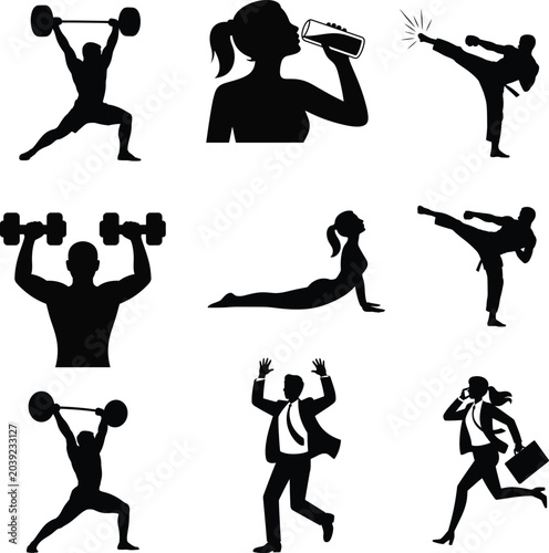 Silhouette Athletes Performing Dynamic Exercises in Minimalist Black and White Style