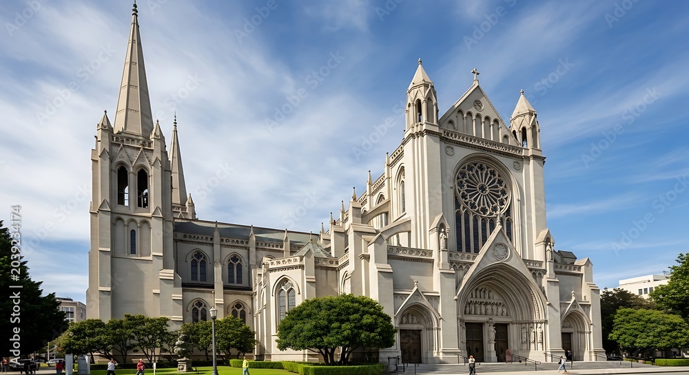 Obraz premium Grand architecture of a cathedral against a vibrant blue sky during daylight