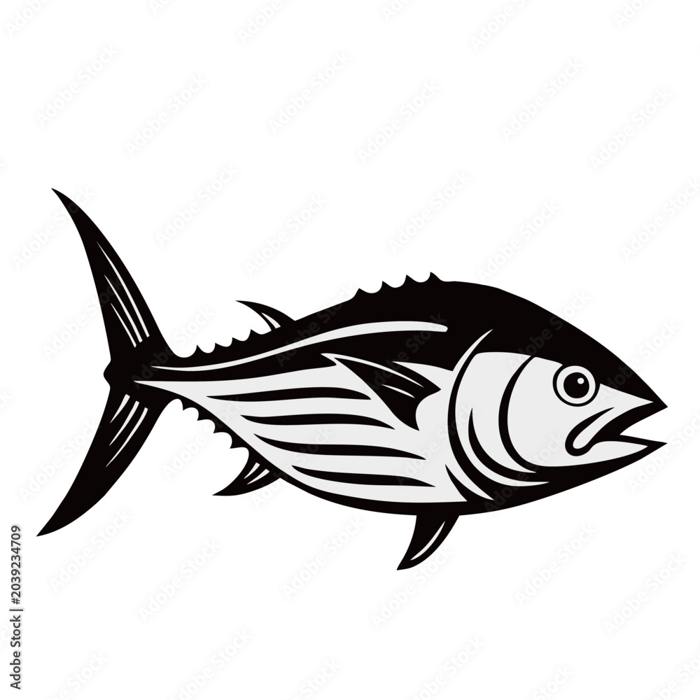 Fototapeta premium Premium Tuna Fish Vector Illustration Isolated on White Background, Black and White Seafood Logo Design, Commercial Fishing Mascot for Branding and Packaging
