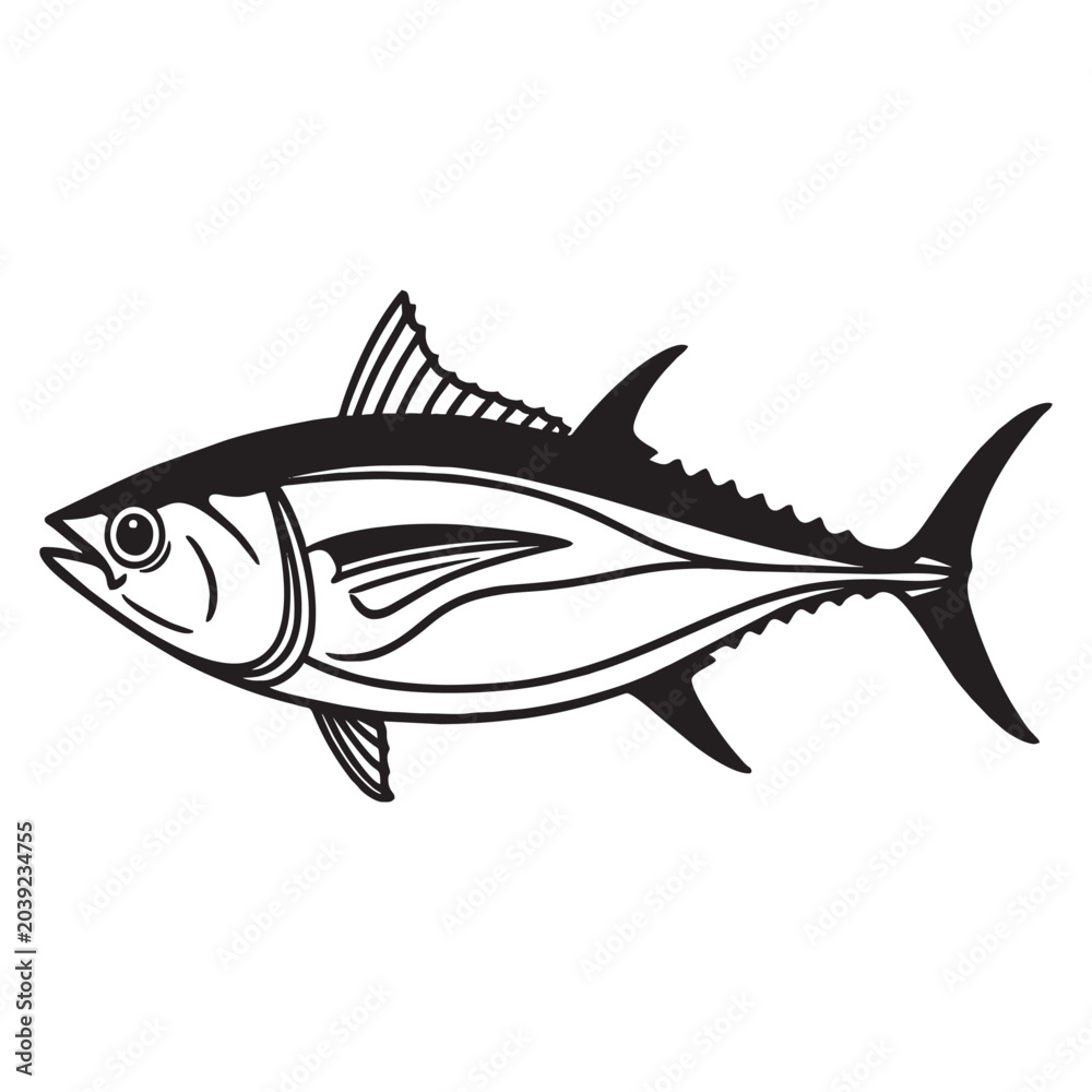 Fototapeta premium Premium Tuna Fish Vector Illustration Isolated on White Background, Black and White Seafood Logo Design, Commercial Fishing Mascot for Branding and Packaging