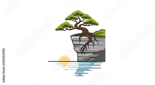 Bonsai Tree on Cliff Edge Sunset Vector Illustration