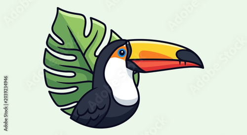 Cartoon Toucan Illustration with Tropical Monstera Leaf