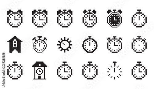 Картината върху платно Pixel art clock icon set featuring various timekeeping device styles for digital projects