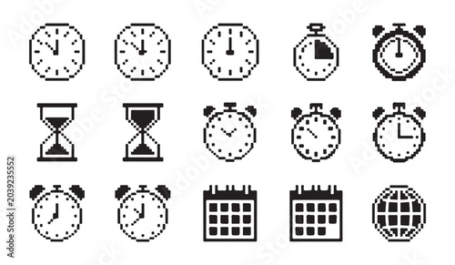 Bild auf Leinwand Set of isolated pixel art time and date icons including sandglass clocks and watches