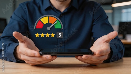 Hands holding smartphone with rating gauge and five stars overlay, customer satisfaction score, service quality feedback, positive review, user experience measurement on mobile