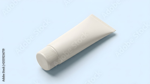 Unbranded white plastic squeeze tube mockup, perfect for showcasing cosmetic, skincare, or personal care product designs. Isolated packaging on a soft blue background