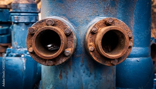 close up of weathered industrial pipe fittings with rust and corrosion