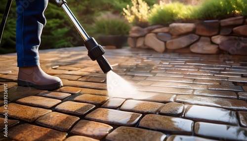 closeup of a power washer cleaning a stone patio removing dirt and grime to reveal the clean surface underneath enhancing the patios appearance