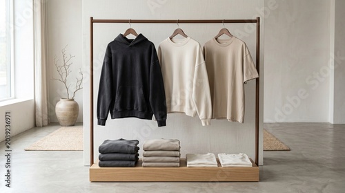 Minimalist clothing rack displaying neutral-toned sweaters, hoodies, and t-shirts, showcasing modern wardrobe essentials and clean aesthetics