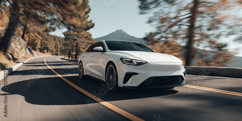 a sleek white luxury sedan driving along a winding mountain road through a pine forest