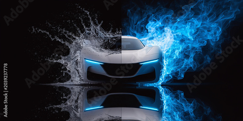 Futuristic white sports car split between splashing water and swirling blue flames on black background