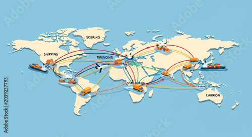 Cuadro en lienzo Global shipping routes and logistics network.