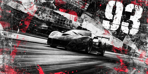 Modern High Performance Sports Car in Dynamic Urban Grunge Digital Art with Red Paint Splatters