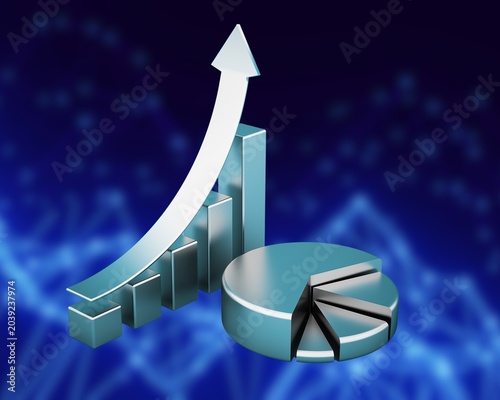 3D metallic bar chart and pie chart with rising arrow on a blue glowing network background for financial data analysis concept.