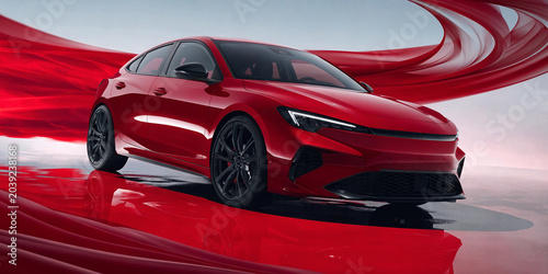 Sleek red electric sedan on reflective floor with flowing silk ribbons in a futuristic composition