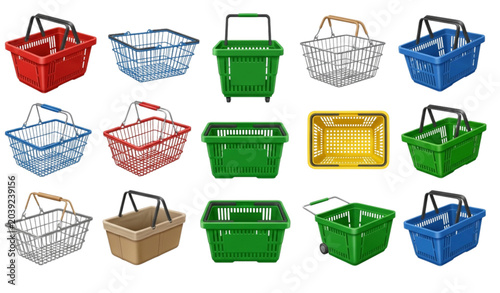 3D shopping basket collection vector illustration isolated on white background
