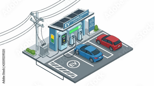 Electric vehicle charging station with two cars.