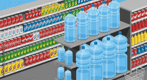 Fotografie Colorful beverage bottles on store shelves.