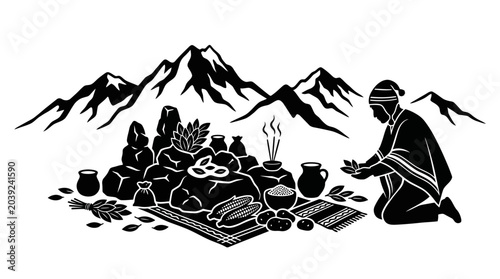 Photos Andean Shaman Performing Ritual with Offerings in Mountains