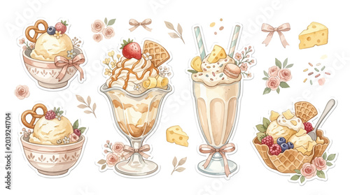 A charming collection of watercolor illustrations featuring various sweet desserts like ice cream sundaes, milkshakes, and parfaits, adorned with fruits, cookies, and flowers.