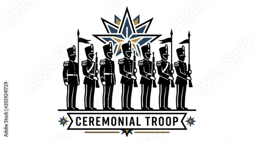 Tableau sur toile Ceremonial Troop Soldiers Standing Guard with Rifles and Flags, Military Formati