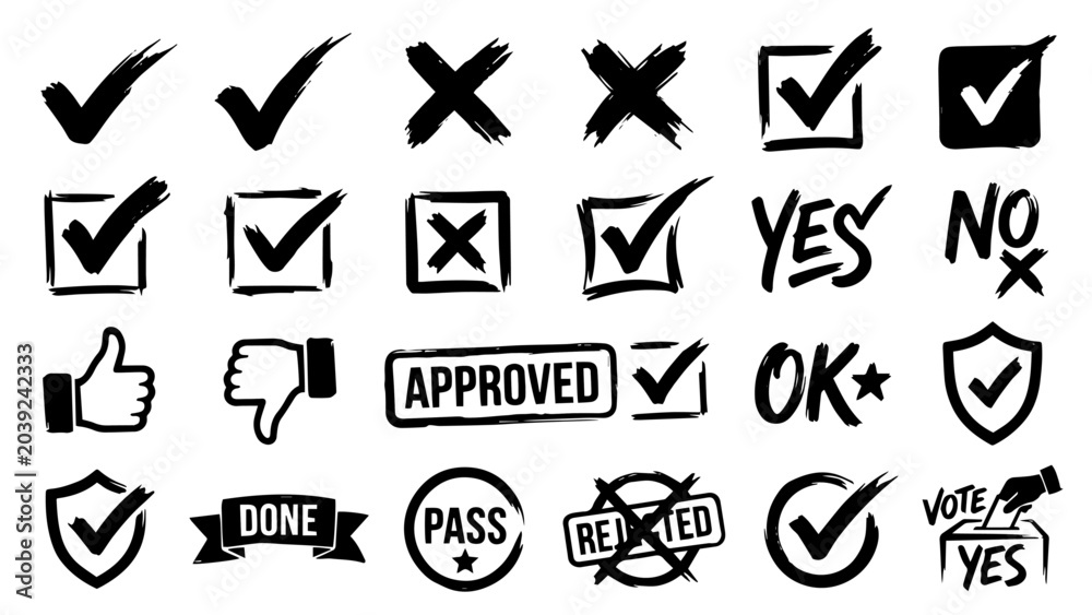 Fototapeta premium Expressive Brush Marker Check Mark and Checkbox Vector Icon Pack