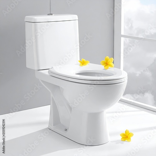Shiny white porcelain toilet, yellow flowers beside window