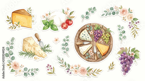 Bild auf Leinwand Watercolor illustration of a cheese platter with grapes, mozzarella, tomatoes, basil, and floral decorations