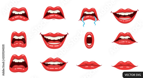 Fotografi Collection of red lipstick mouth expressions.