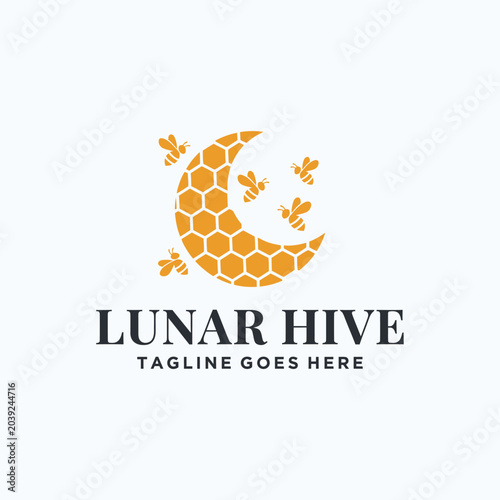 Photos Golden crescent moon with buzzing honey bees honeycomb for organic products hone