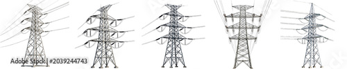 High Voltage Electric Transmission Tower Collection: Set of Various Power Line Pylon Designs Isolated on White Background for Electrical Engineering and Energy Projects