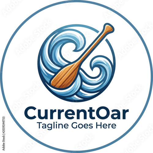 CurrentOar nautical logo featuring a wooden paddle inside circular ocean waves Logo Design
