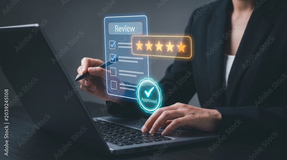 Fototapeta premium Businesswoman reviewing five-star rating and approved checklist on virtual interface by laptop