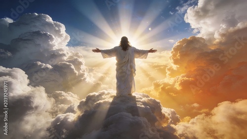 Jesus Christ standing on clouds with open arms, heavenly light and glowing sky, spiritual ascension concept, divine presence in heaven, religious background for faith and hope