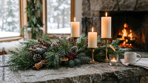 Cozy Winter Holiday Mantelpiece with Lit Candles and Roaring Fire