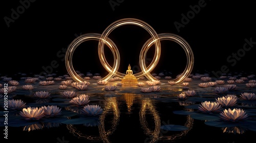 A glowing Buddha statue surrounded by illuminated lotus flowers and three radiant circular halos reflects peacefully on dark water at night.