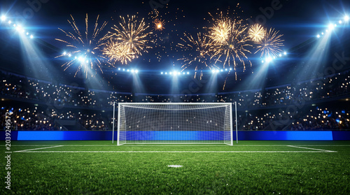 Illuminating synthetic polymer blades under high-intensity floodlight flares while luminous particulate clusters cascade over a generic fiber mesh goal.