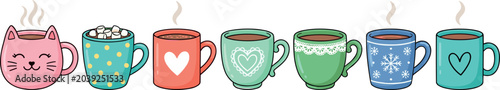 Hand Drawn Vector Set of Cozy Coffee Mugs and Hot Tea Cups for Cafe Winter Design