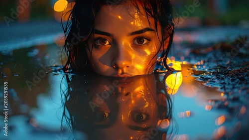 A woman's face emerges from water with an ethereal, glowing reflection
