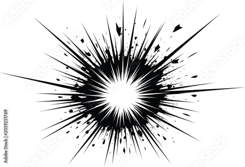 Black ink splatter explosion with sharp radial lines and particles