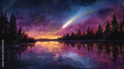 幻想的な星空と流星が輝く湖畔の夜景 水彩画風イラスト